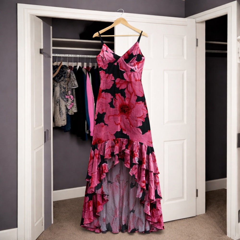 NWOT Sample Hutch Floral Velvet Burnout High-Low Dress Pink Black Estimate Sz. 4 - Picture 6 of 11